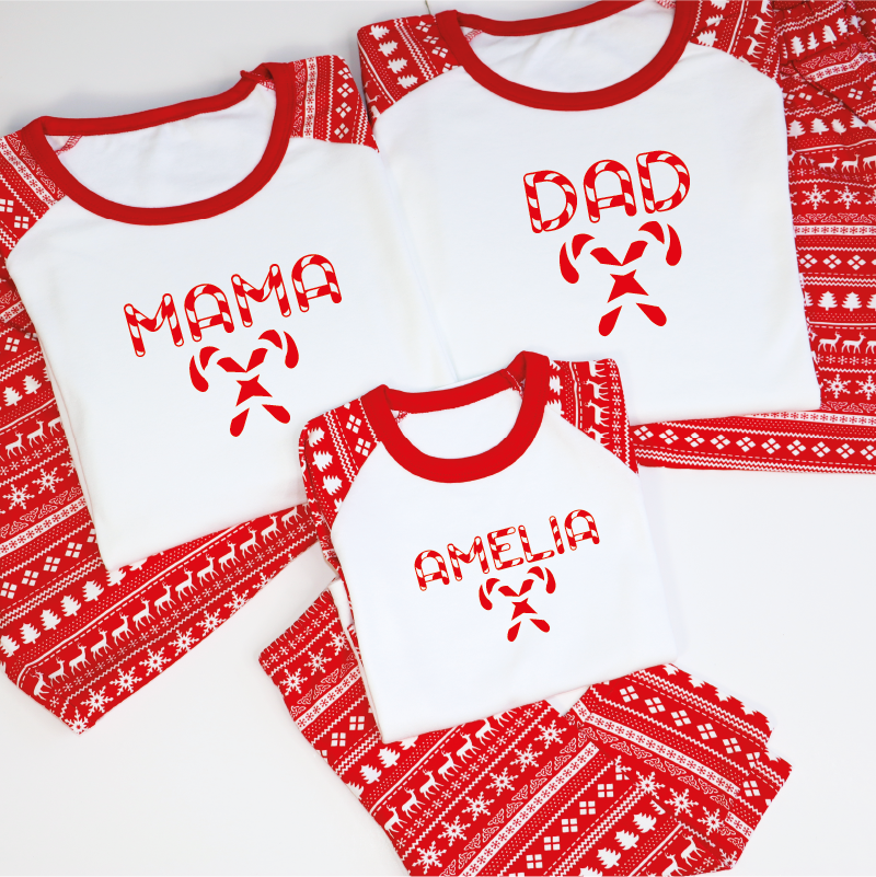 Candy Cane Name Family Christmas Red Reindeer Raglan PJ's