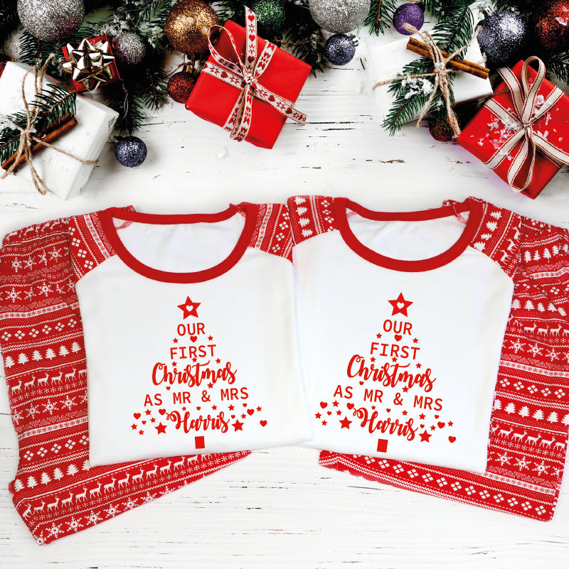 First Christmas As Mr And Mrs Christmas Tree Couple Pyjamas