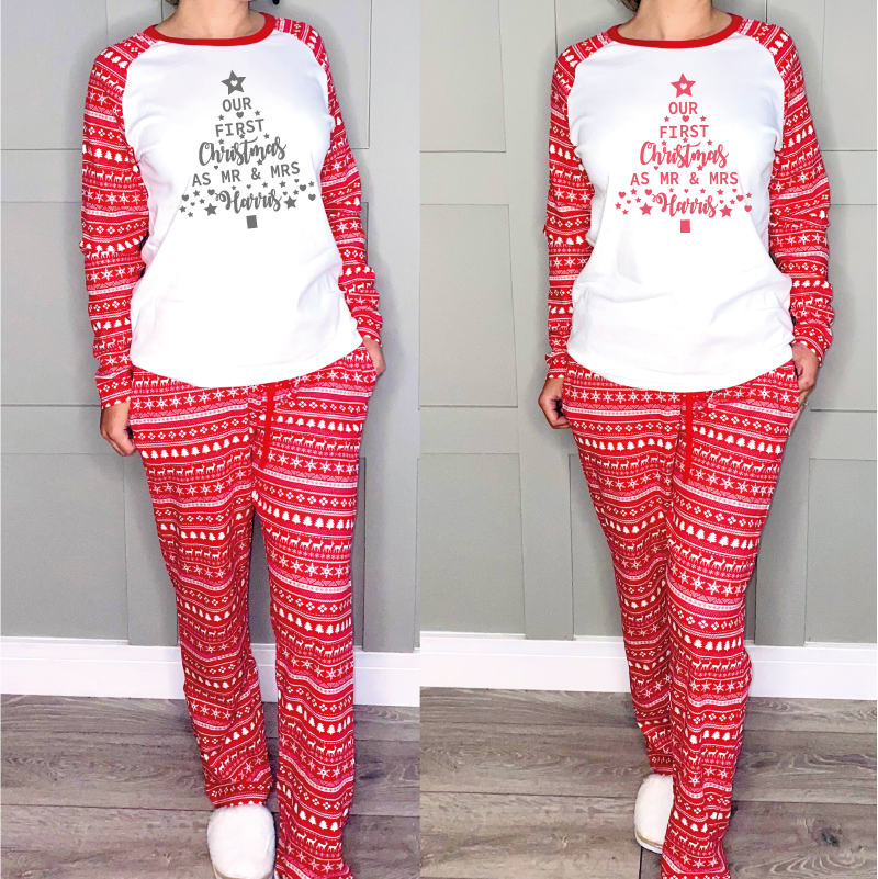 First Christmas As Mr And Mrs Christmas Tree Couple Pyjamas