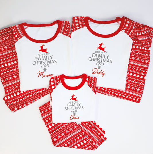 Our First Family Christmas Matching Red Reindeer Pyjamas_