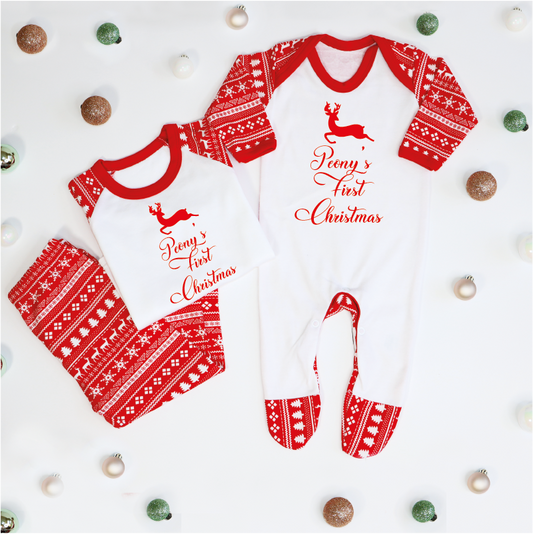 Personalised Baby's First Christmas Red Reindeer Pyjamas