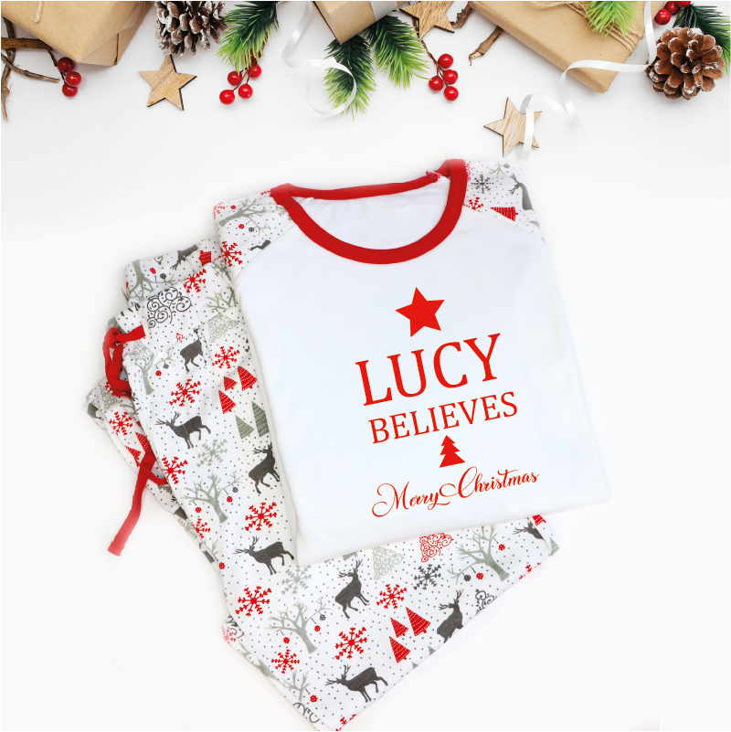 Personalised Believes Merry Christmas Raglan Red PJs_