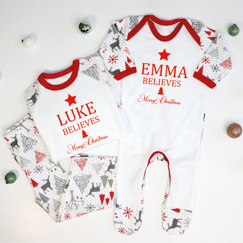 Personalised Believes Merry Christmas Raglan Red PJs_