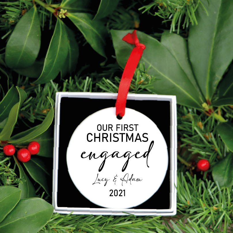 Our personalized ceramic ornament is perfect for all newly engaged to hang on their Christmas tree! This ornament is personalized with your names and year.