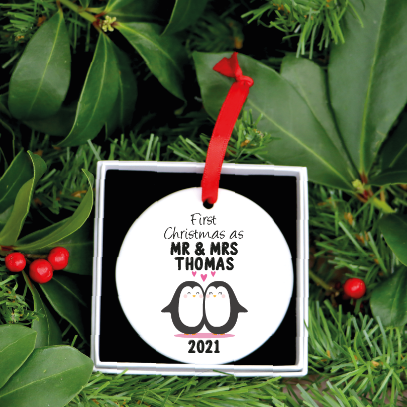 Personalised First Christmas As Mr and Mrs Penguins Ceramic Ornament