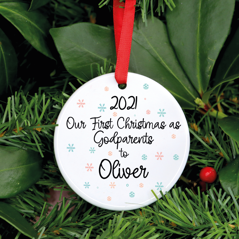 Personalised Our First Christmas As Godparents To Baby Ornament