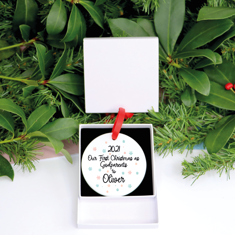 Personalised Our First Christmas As Godparents To Baby Ornament