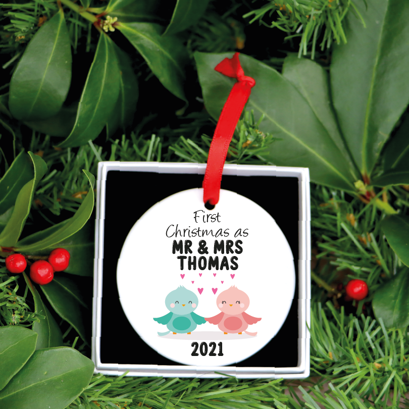 Personalised Our First Christmas As Mr and Mrs Lovebirds Ornament