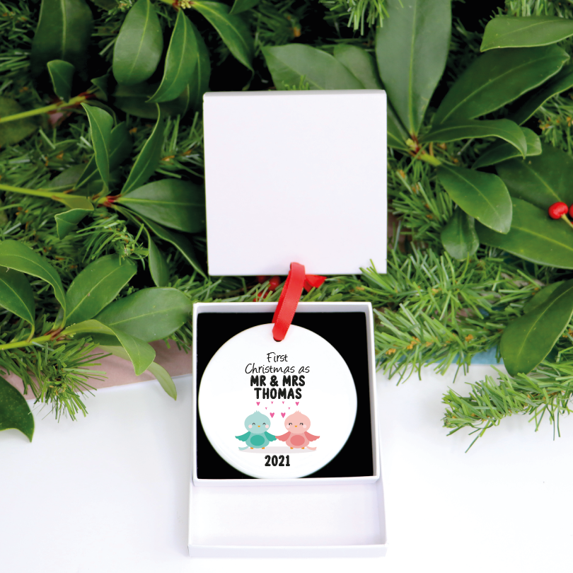 Personalised Our First Christmas As Mr and Mrs Lovebirds Ornament