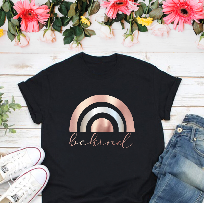 Be Kind Metallic Rose Gold and Silver Rainbow T shirt