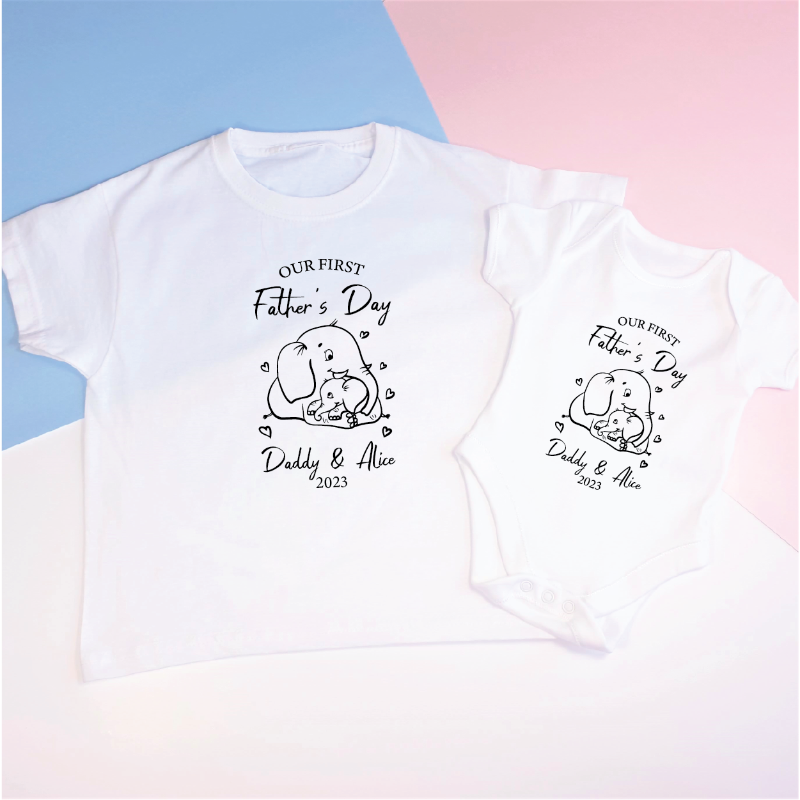 Personalized Our First Father's Day Elephant Matching T-Shirt and Baby Vest