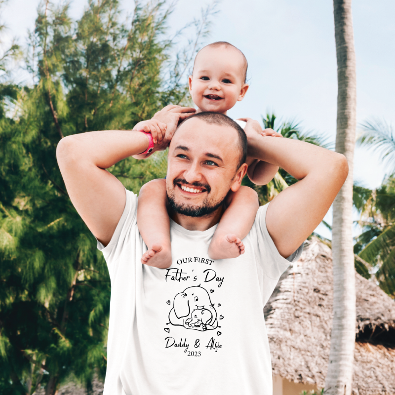 Personalized Our First Father's Day Elephant Matching T-Shirt and Baby Vest