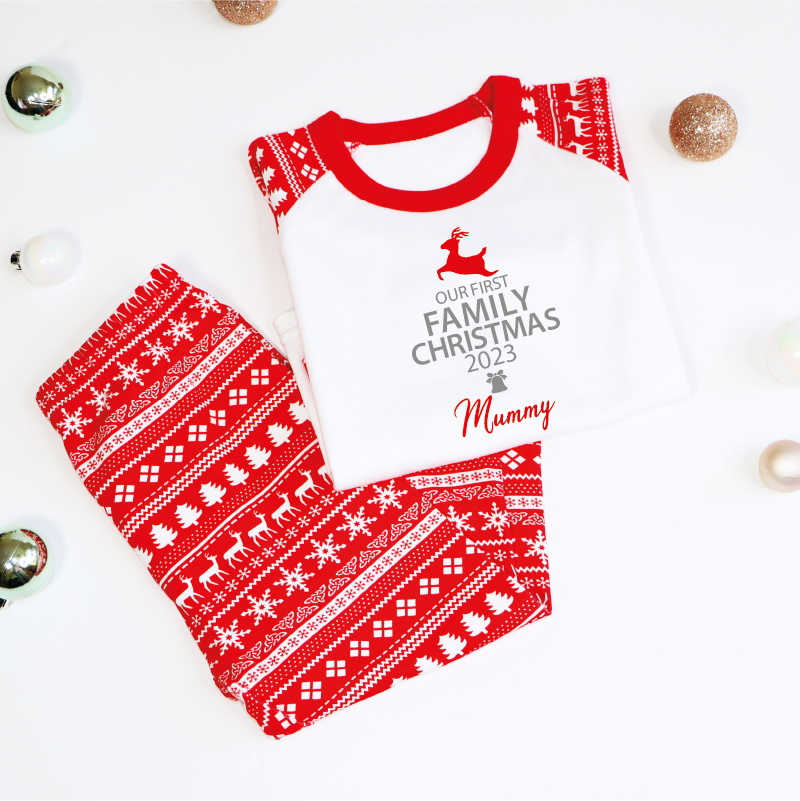 Our First Family Christmas Matching Red Reindeer Pyjamas_
