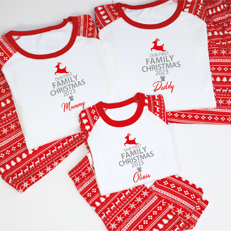 Our First Family Christmas Matching Red Reindeer Pyjamas_