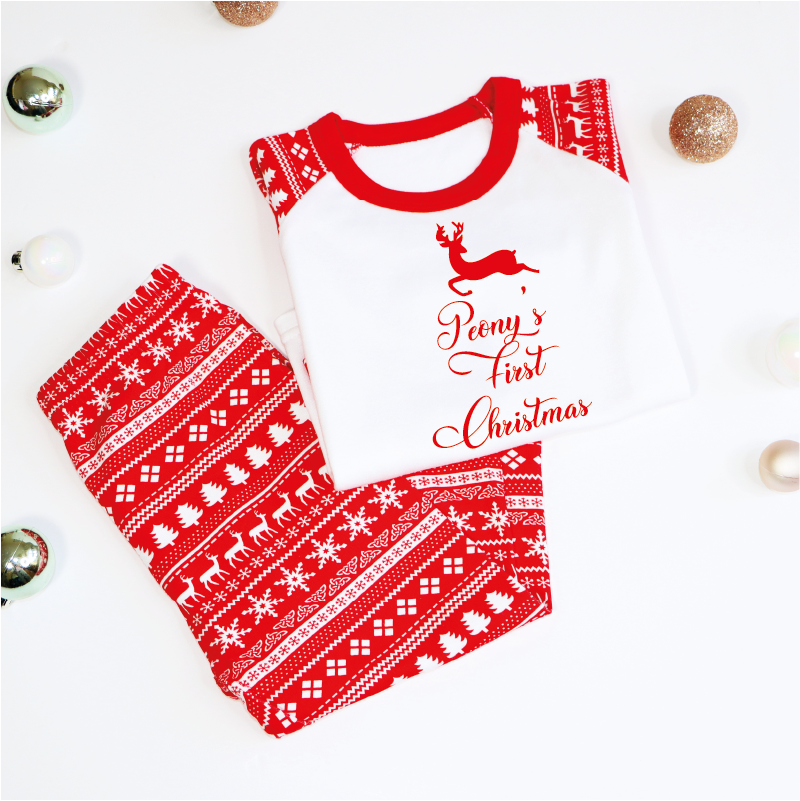 Personalised Baby's First Christmas Red Reindeer Pyjamas