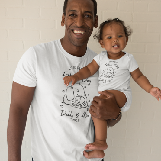 Personalized Our First Father's Day Elephant Matching T-Shirt and Baby Vest