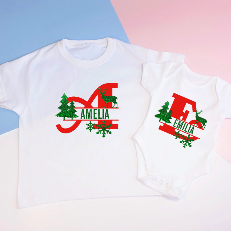 Personalised Monogram Initial Name Reindeer Snowflakes Christmas Family T-shirts