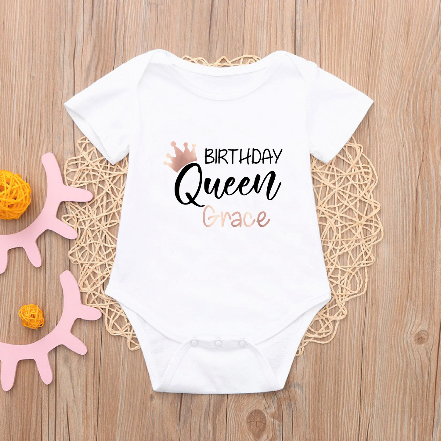 Personalised Birthday Queen T-shirt for Kids and Baby Vest for Babies