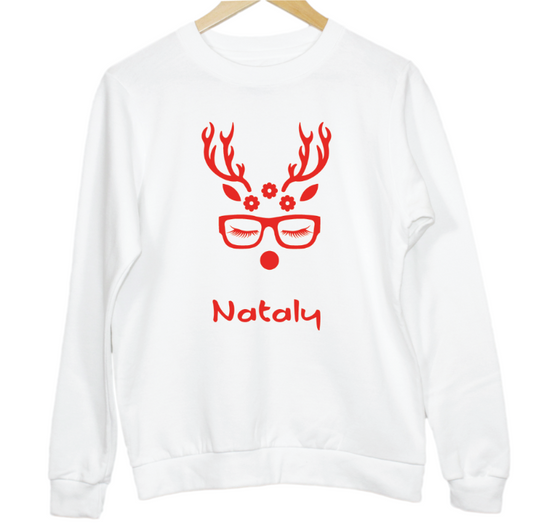 Personalised Reindeer with Flower Bow Graphic Kid's Sweatshirt