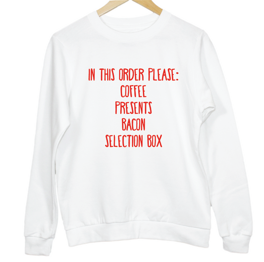 Christmas Wishing List Adult Sweatshirt- coffee, presents, bacon, selection box