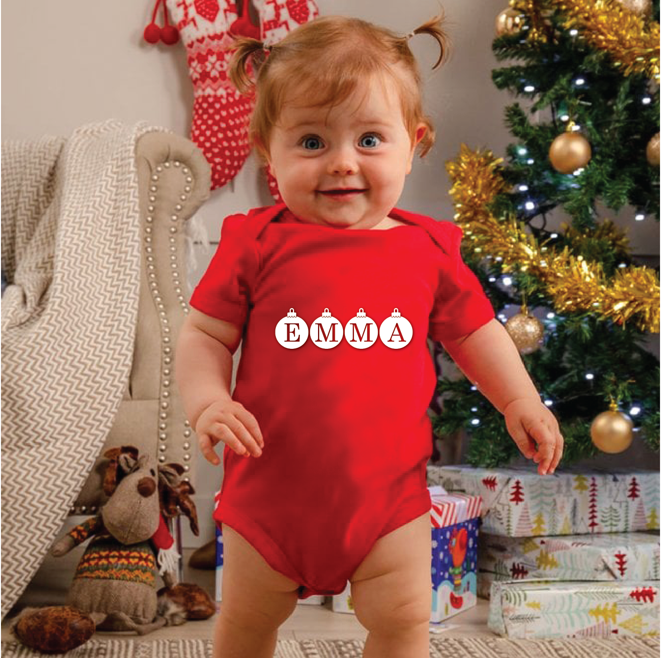 Personalised Christmas Baby grow Bauble Monogram 