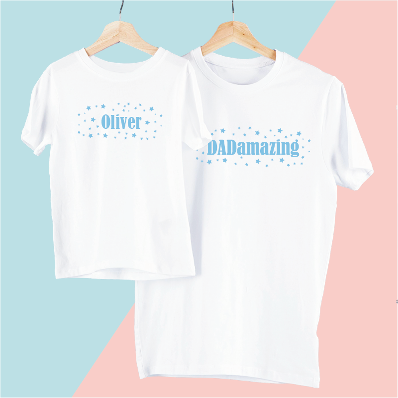 Personalised Twinning Dadamazing, Mumamazing and Kid/Baby Stars T-shirts