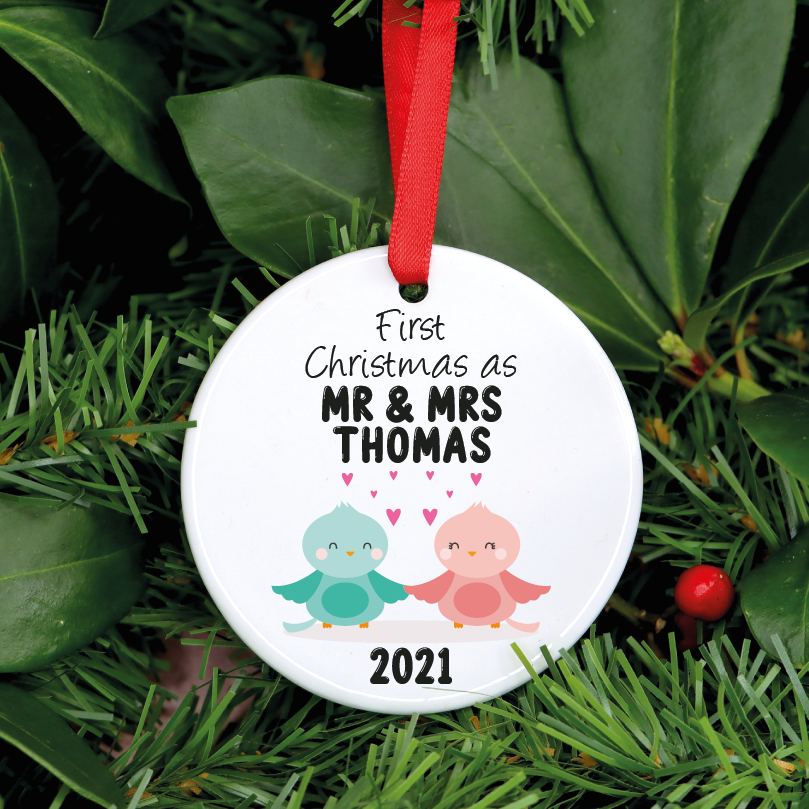 Personalised Our First Christmas As Mr and Mrs Lovebirds Ornament