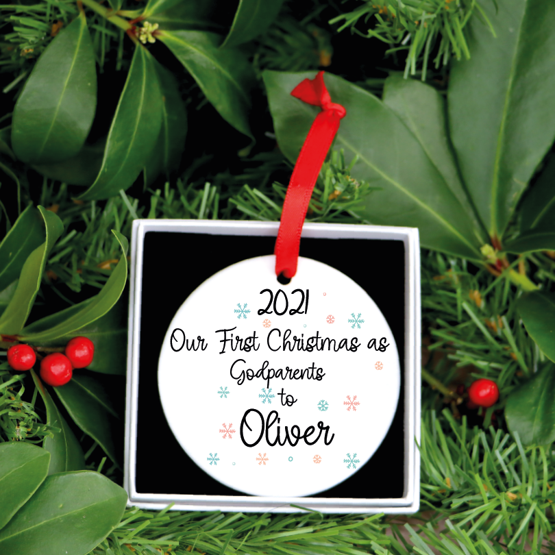 Personalised Our First Christmas As Godparents To Baby Ornament