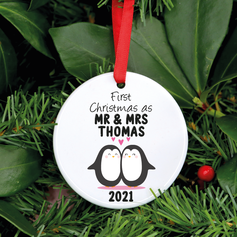 Personalised First Christmas As Mr and Mrs Penguins Ceramic Ornament