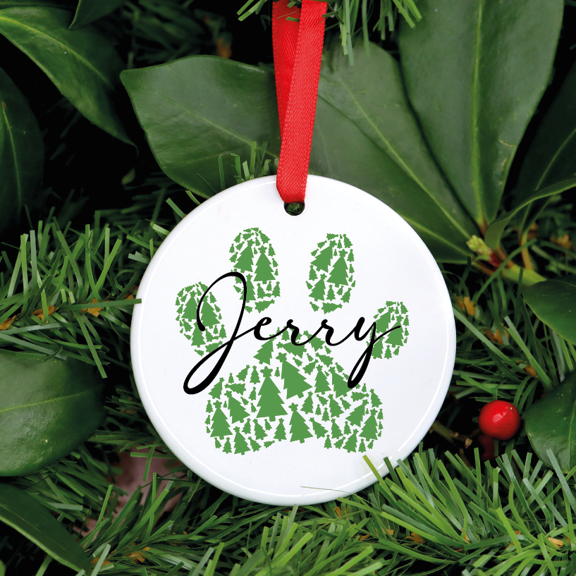 Personalised Pet Christmas Ornament with Xmas Tree Paw Design