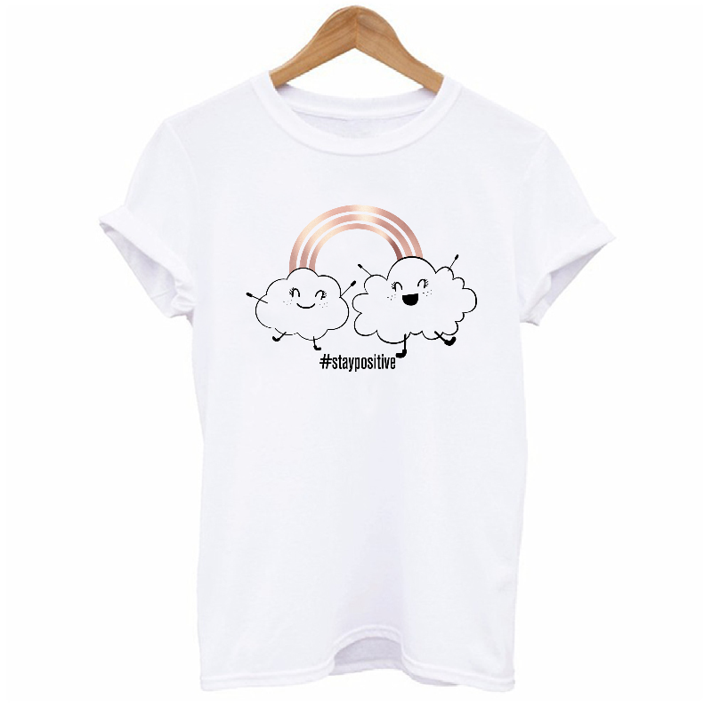 Stay Positive Women's T-shirt | Rose Gold Rainbow with Happy Clouds Top