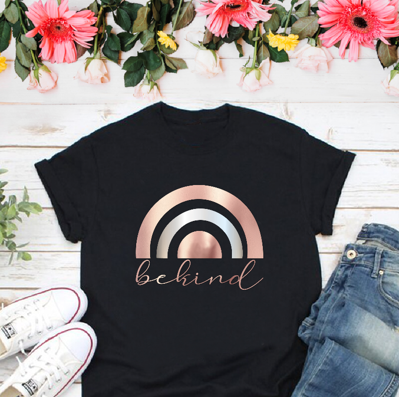 Be Kind Metallic Rose Gold and Silver Rainbow T-shirt