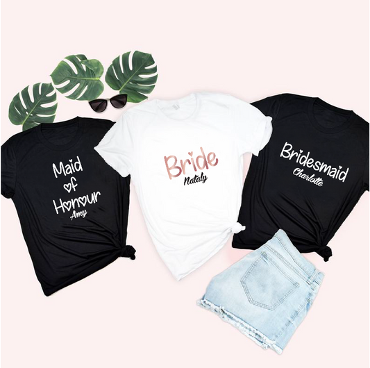 Personalised T-shirts for the Bride, Maid of Honour, Bridesmaid, Mother of the Bride, Mother of the Groom and Sister of the Bride