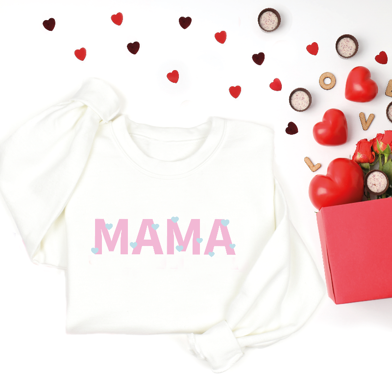 Mama Pastel Pink and Sky Blue Hearts Graphic Sweatshirt