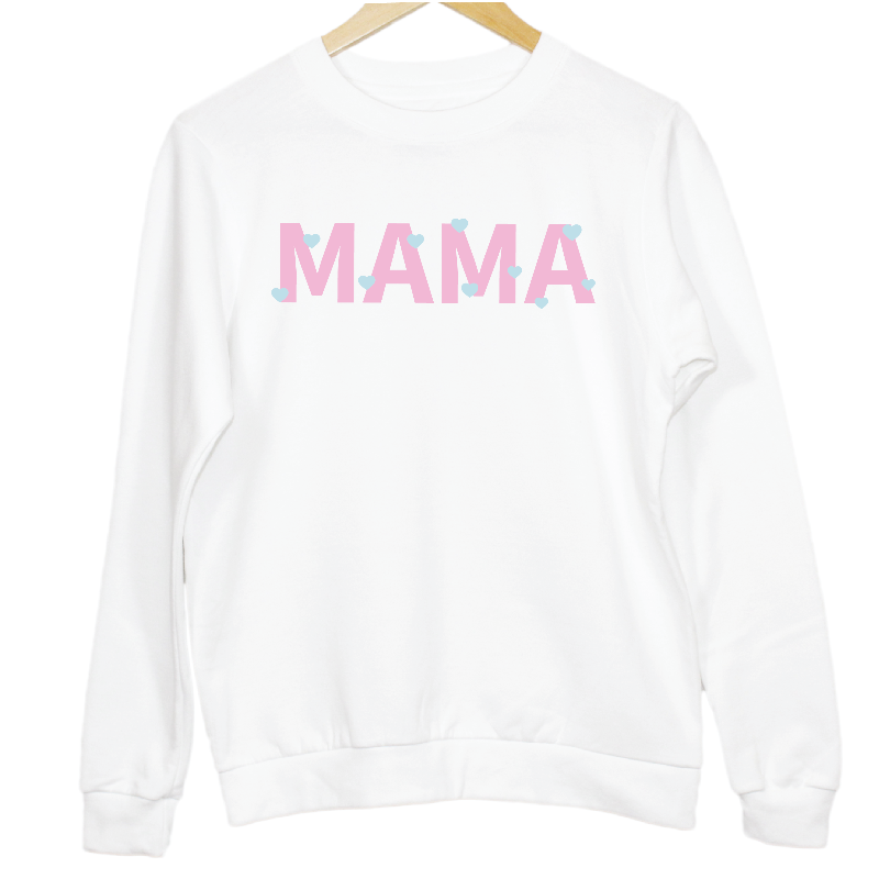 Mama Pastel Pink and Sky Blue Hearts Graphic Sweatshirt