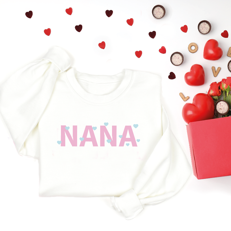 NANA Pastel Pink and Sky Blue Hearts Graphic Sweatshirt
