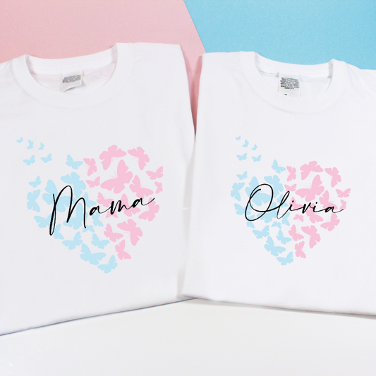 Personalised Matching Mama and Kid Pastel Heart Butterflies T-shirts