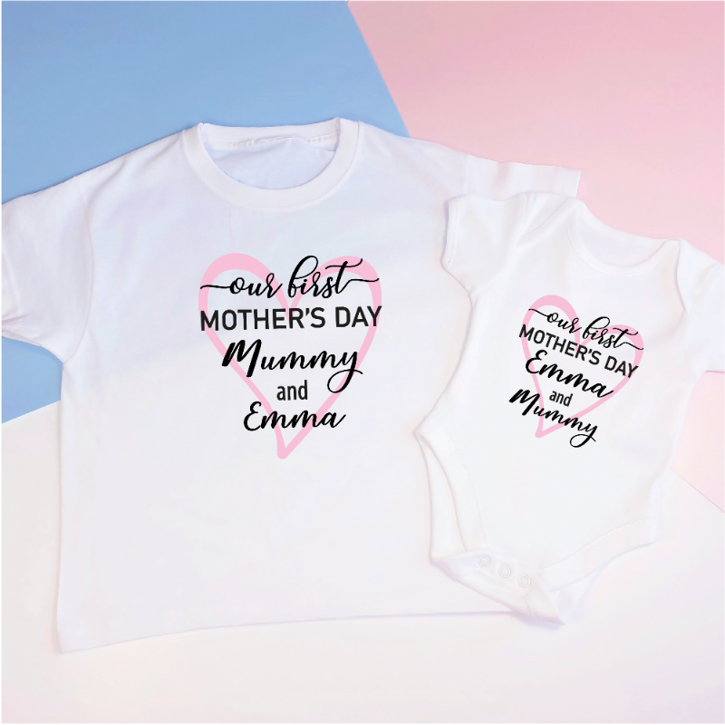 Personalised Our 1st First Mother's Day Mummy and Baby Heart Tops Set