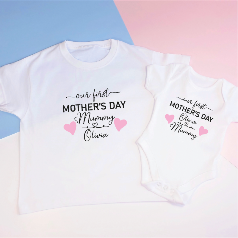 Personalised Our First Mother's Day Mummy and Baby Hearts T-shirt Set
