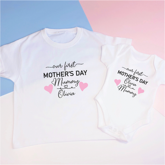 Personalised Our First Mother's Day Mummy and Baby Hearts T-shirt Set