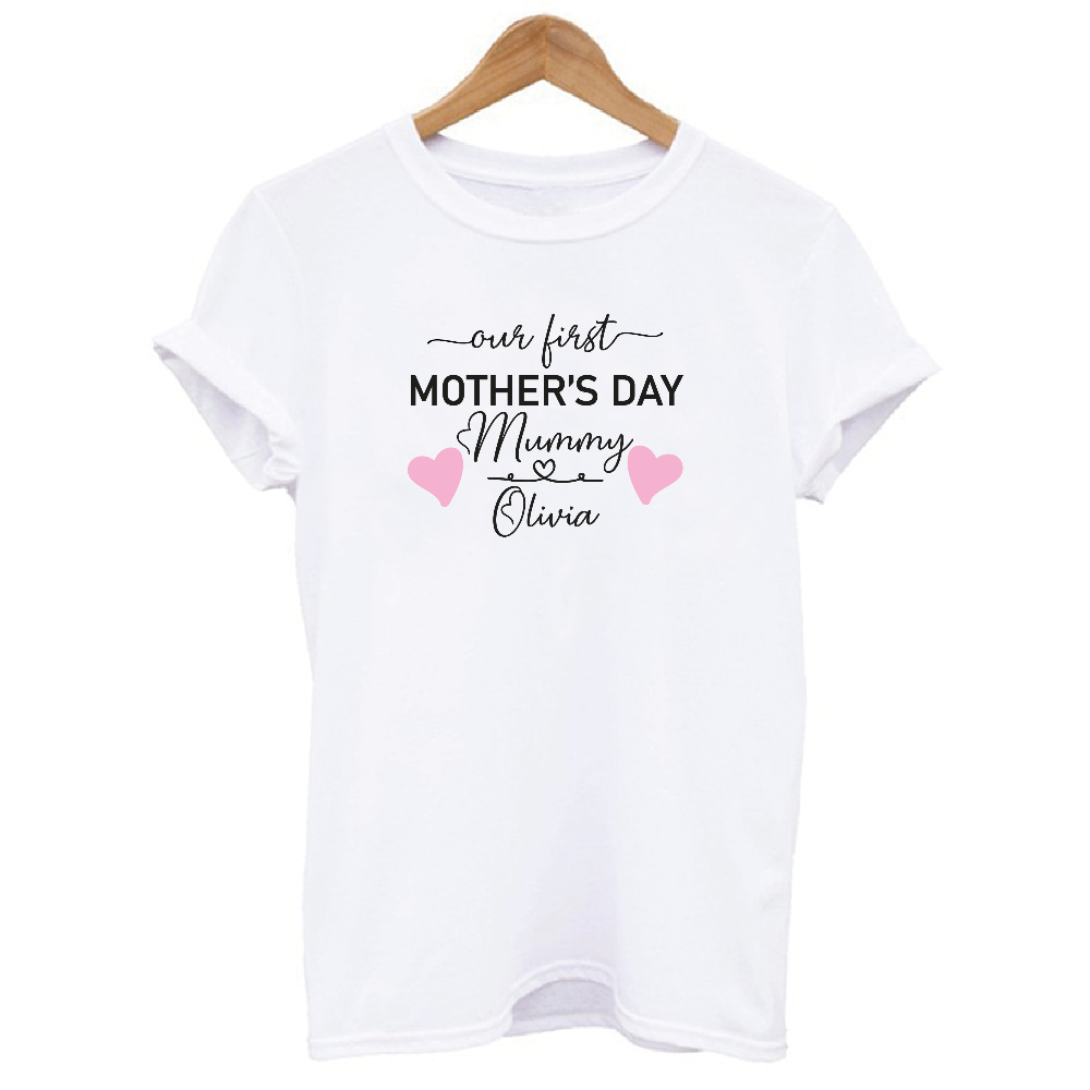 Personalised Our First Mother's Day Mummy and Baby Heart T-shirt and Baby Vest Set