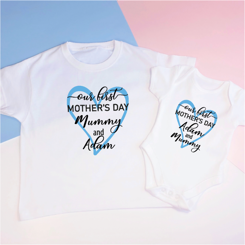 Personalised Our 1st First Mother's Day Mummy and Baby Heart Tops Set