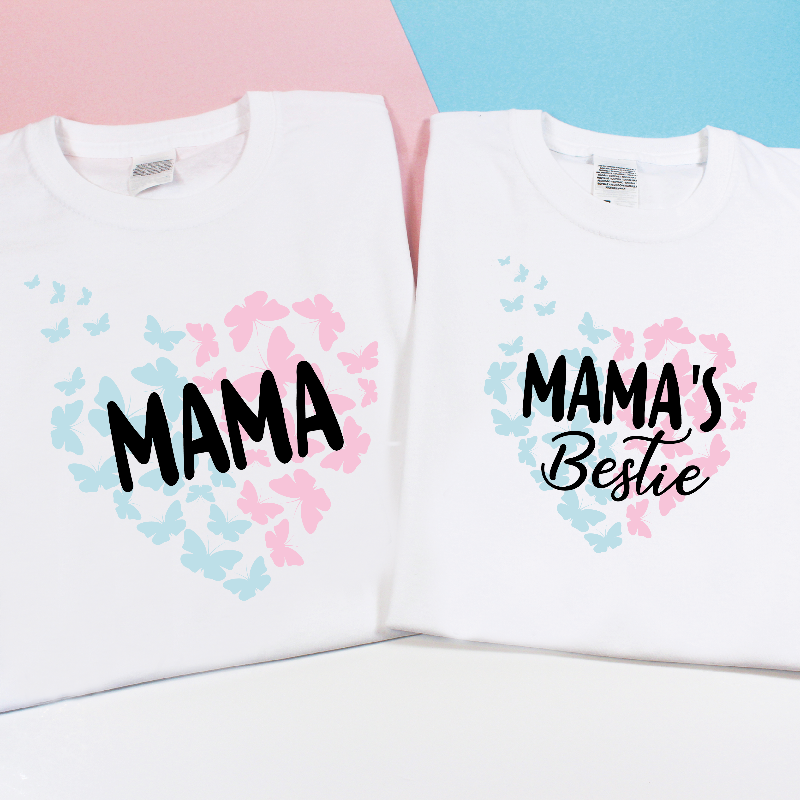 Matching Mama and Mama's Bestie Pastel Pink and Blue Butterflies Heart T-shirts