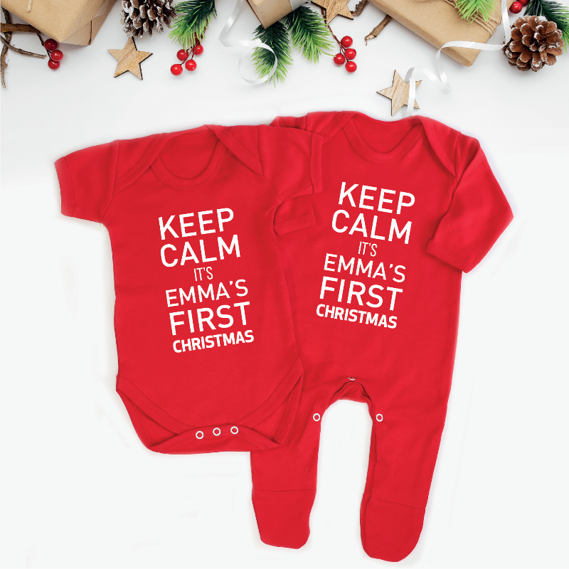 Personalised Keep Calm It's Baby's First Christmas Baby Grow