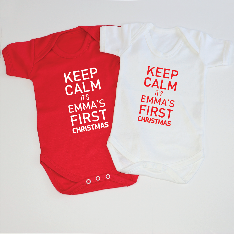 Personalised Keep Calm It's Baby's First Christmas Baby Grow