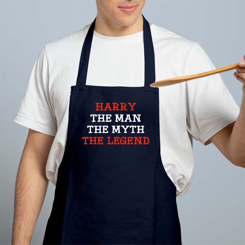 Personalised Men's Navy Apron -  Name, The Man, The Myth, The Legend