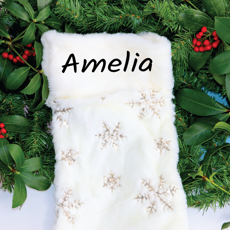 Personalised Plush Christmas Stocking and Santa Sack In Cream with Gold Sequins