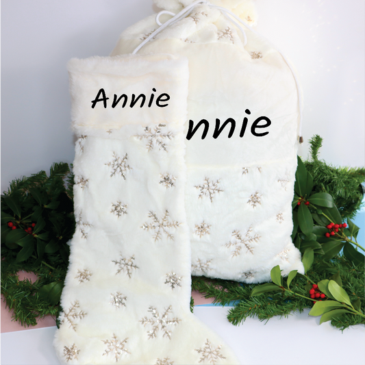 Personalised Plush Christmas Stocking and Santa Sack In Cream with Gold Sequins