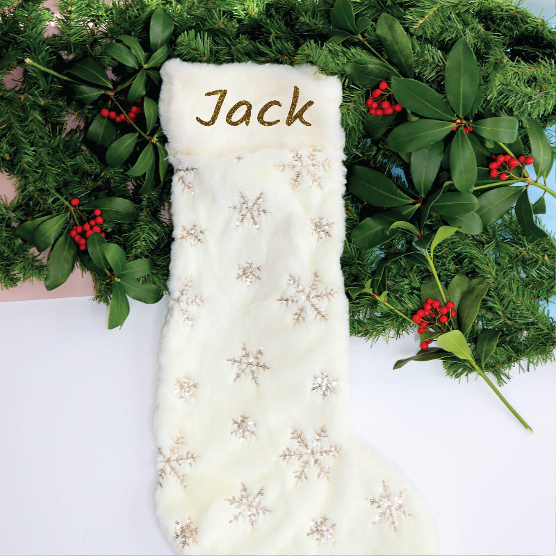 Personalised Plush Christmas Stocking and Santa Sack In Cream with Gold Sequins