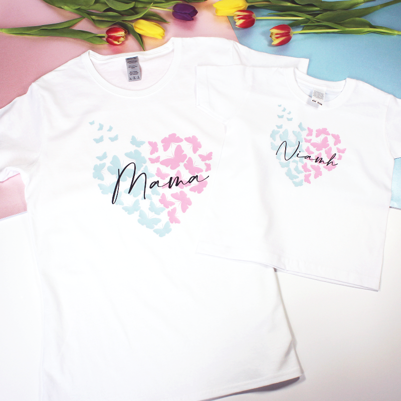 Personalised Matching Mama and Kid Pastel Heart Butterflies T-shirts